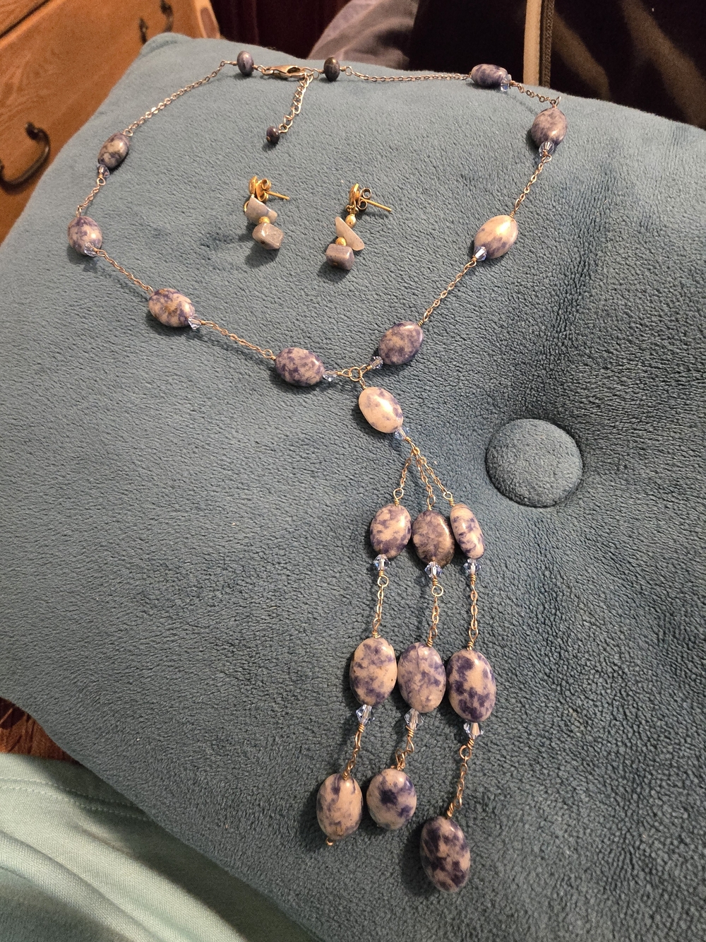 Blue Denim Lapis Stone Drop Necklace and Stud Gemstone Earrings Earrings Set